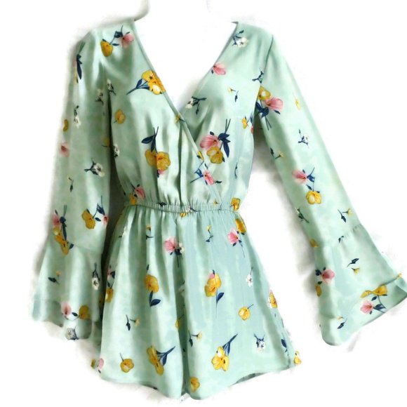 H&M Pants - H M Divided Mint Green Romper Bell Layered Sleeves Surplus Yellow Flowers V Neck